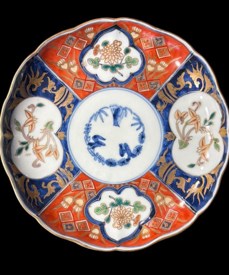 明治時代 古伊万里 輪花 赤絵 菊草花文図 松竹梅 大皿 冨貴長春 取り皿 飾り皿 和食器 陶器 骨董品 アンティーク