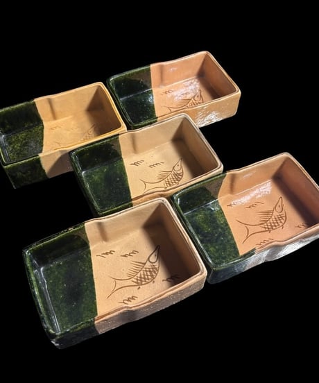 【5客セット】 織部焼 大樋 魚図 刺身鉢 角鉢 四角皿 角皿 茶道具 織部 和食器 骨董品 アンティーク