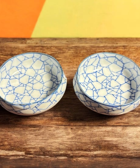 【2客セット】染付 小鉢 網目 取り皿 小皿 平皿 丸皿 和食器 骨董品 アンティーク