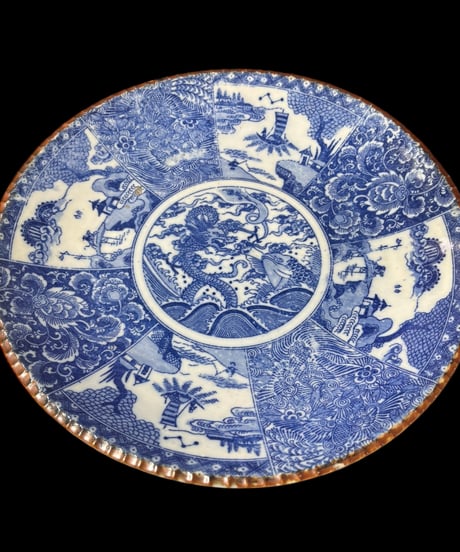 古伊万里 印判 大皿 [龍鯛草花風景文図] 染付 大皿 丸皿 取り皿 飾り皿 和食器 江戸 伊万里 陶器 骨董品 アンティーク