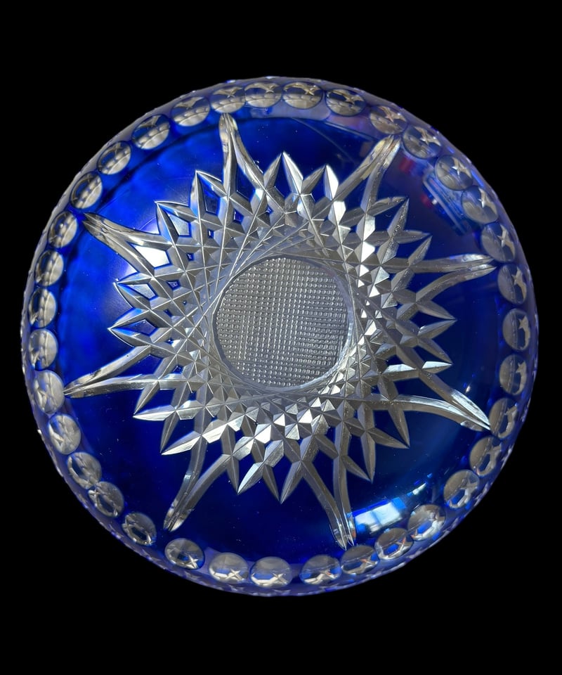 楠迪庵 切子 青 ガラスボウル 色被せ ガラス鉢 カットガラス 鉢