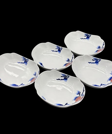 【5客セット】 特製 広山堂 向付 楕円小鉢 柿の木 染錦 小鉢 柿 飾皿 和食器 工芸品 時代物 骨董品 アンティーク
