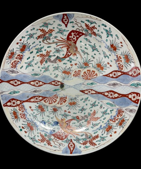 古伊万里 金彩 色絵 鳳凰草花文図 絵皿 大皿 取り皿 飾り皿 伊万里 陶器 骨董品 アンティーク