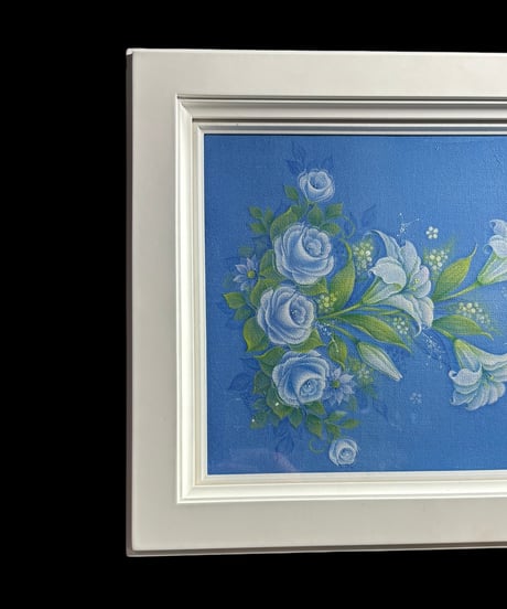 油絵 ブルーリリー 青 薔薇 油彩 看板 額装 壁掛 絵画 色絵 バラ 雑貨 インテリア アンティーク コレクション