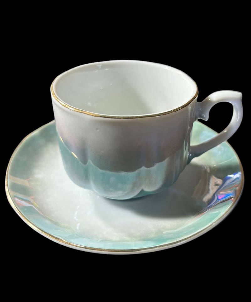 カップ&ソーサーと中皿3点セットを2組 アンティーク骨董品、明治時代から昭和初期 カップ&ソーサー [ターコイズ] 紅茶 コーヒー 器 昭和 レトロ 骨董品