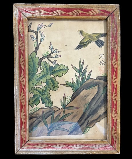 中国美術 絵画【鳥草花風景絵】額装 壁掛 額 扁額 五彩 色絵 民国 中国 古美術 アンティーク コレクション