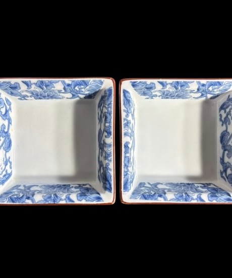 【2客セット】染付 四角皿 [草花文絵] 小鉢 取り皿 盛り皿 飾り皿 和食器 骨董品 アンティーク