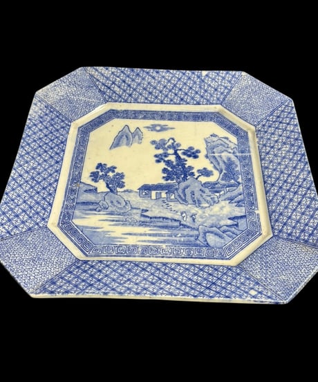 古伊万里 八角絵皿 [山水風景文図] 染付 年代物 八角皿 角皿 平皿 取り皿 盛り皿 飾り皿 伊万里 和食器 骨董品 アンティーク