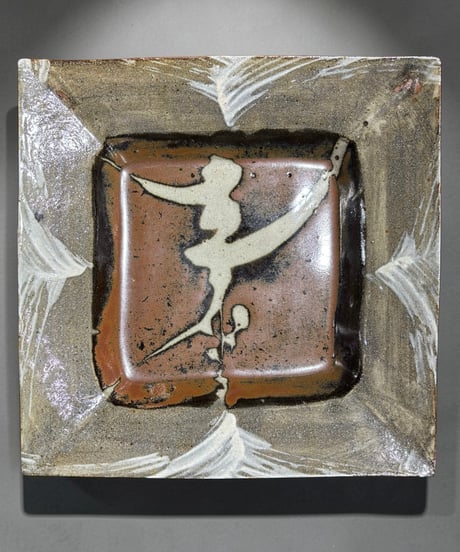 柿釉抜絵角皿 蔵出し 四方皿 石釉 四角皿 角皿 飾皿 時代物 和食器 骨董品 アンティーク