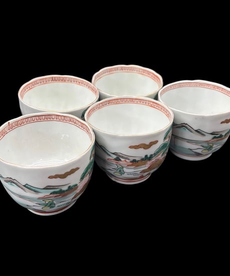 【5客セット】 古伊万里 湯呑み 金彩 松竹梅 山水風景図 色絵 蕎麦猪口 和食器 時代物 陶器 骨董品 アンティーク