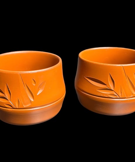 【2客セット】常滑焼 朱泥 向付 [竹の葉] 湯呑み 茶器 茶碗 茶道具 器 陶器 骨董品