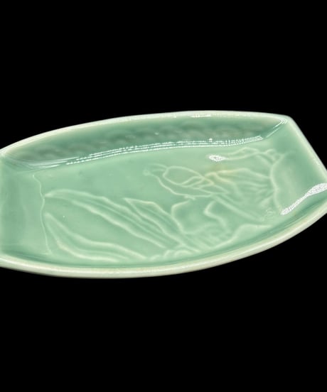 【5客セット】古伊万里 青磁 鳥 陽刻 楕円皿 小皿 取り皿 盛り皿 飾皿 和食器 時代物 骨董品 アンティーク