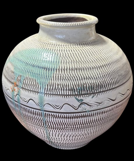 小石原焼 小鹿田焼 壺 陶芸 とびかんな フラワーベース 花瓶 花入れ 丸壺 花器 陶器 古美術 骨董品 アンティーク