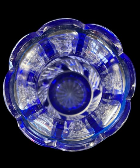 切子花瓶 サファイア クリスタル 色被せ 硝子 切子 伝統工芸 フラワーベース 花瓶 古美術 レトロ アンティーク