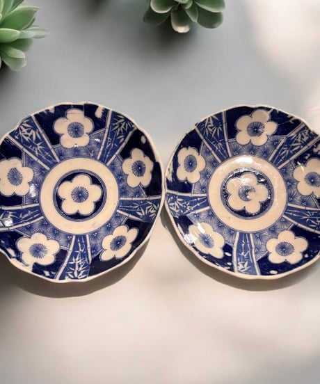 【2客セット】染付 小皿 花柄 竹 取り皿 盛り皿 飾り皿 和食器 骨董品 アンティーク