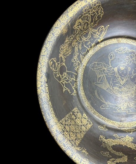 中国雑貨 銅盆地 [龍 蓮 鯛 人物 風雲] ボウル 盆地 洗浄 中国 レトロ 骨董品 アンティーク