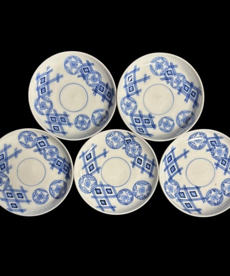【5客セット】 古伊万里 染付 花菱文 市松文様 小皿 時代物 平皿 丸皿 豆皿 伊万里 和食器 骨董品 アンティーク