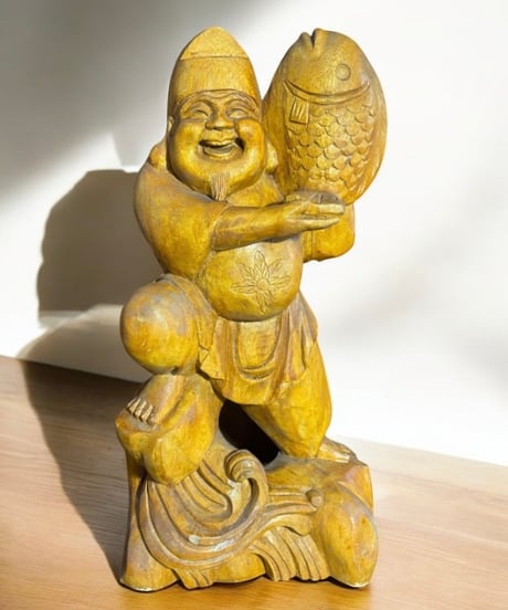 木彫り 恵比寿 七福神 木製 恵比寿様 商売繁盛 開運 縁起物 彫刻 仏像 古美術 インテリア 置物 オブジェ 骨董品 アンティーク
