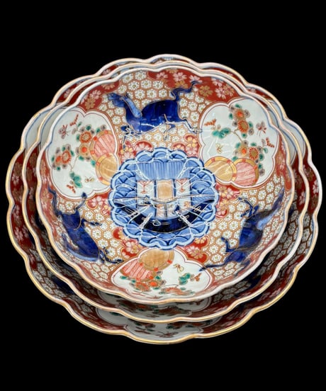 3組鉢 大聖寺伊万里 錦手金彩 馬舟草花文図 輪花鉢 時代物 色絵 大鉢 鉢 盛り皿 飾皿 古伊万里 古美術 和食器 骨董品 アンティーク
