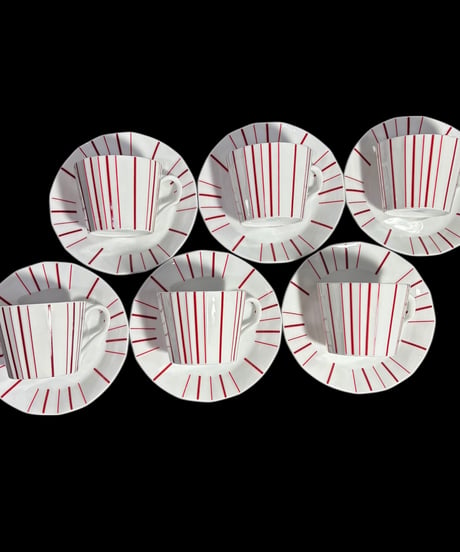 【6客揃】 YAMAAI JAPAN カップ&ソーサー 赤 ストライプ マグカップ レッド 紅茶 コーヒー カップ 茶器 昭和 レトロ アンティーク