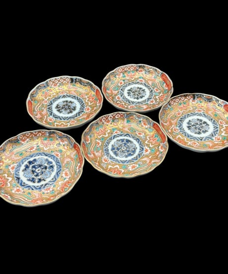 【5客セット】 古伊万里 錦手 金彩 色絵 鳳凰桐葉文図 明治 小皿 丸皿 取り皿 盛り皿 飾り皿 和食器 陶器 骨董品 アンティーク