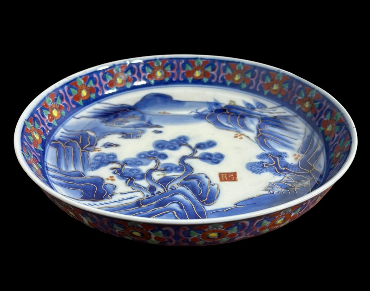 古伊万里 色絵 鶴亀松竹梅文 輪花口 猪口 九客 直営店に限定 伊万里 七寸皿 輪花型 鶴鳥松竹梅 金彩唐草 赤絵