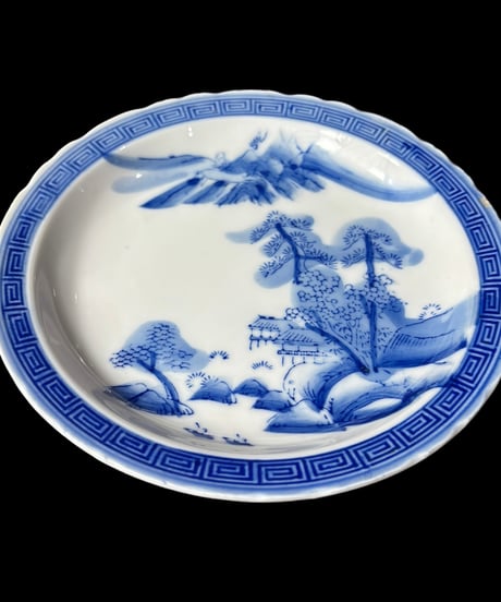 染付 平皿 [梅松山水風景絵] 中皿 取り皿 盛り皿 飾り皿 和食器 骨董品 アンティーク