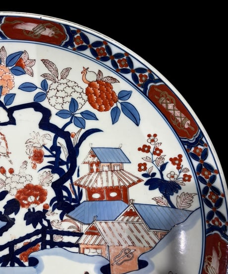 有田焼 哲山作 色絵 人物風景菊文図 絵皿 大皿 取り皿 飾り皿 伊万里 陶器 作家物 骨董品 アンティーク