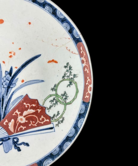 伊万里 色絵 [扇子 草花菊松絵] 丸皿 大皿 絵皿 取り皿 飾り皿 和食器 江戸 古伊万里 陶器 骨董品 アンティーク