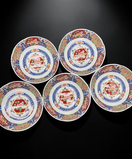 【5客セット】 有田焼 昇龍窯 金彩 色絵 なます皿 染錦 銘々皿 丸皿 飾皿 和食器 伊万里 陶器 時代物 骨董品 アンティーク