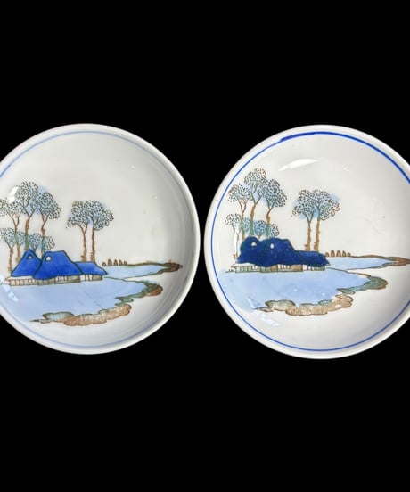 【2客セット】印判皿 [山水風景図] 染付 明治 小皿 丸皿 盛り皿 飾り皿 古伊万里 古美術 和食器 骨董品 アンティーク