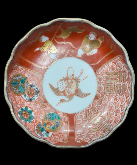 一式揃 明治期 古伊万里 金彩 赤絵 福壽 草花人物図 小皿 茶碗 大皿 冨貴長春 取り皿 飾り皿 和食器 陶器 縁起物 骨董品 アンティーク