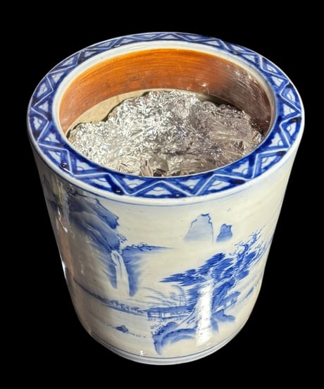 明治期 染付 火鉢 山水風景図 火鉢 陶器 時代物 古道具 骨董品 アンティーク