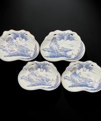 【4客セット】江戸期 古伊万里 染付 金彩 変形皿 山水風景文図 小鉢 小皿 飾皿 和食器 時代物 骨董品 アンティーク