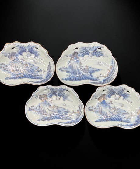 【4客セット】江戸期 古伊万里 染付 金彩 変形皿 山水風景文図 小鉢 小皿 飾皿 和食器 時代物 骨董品 アンティーク