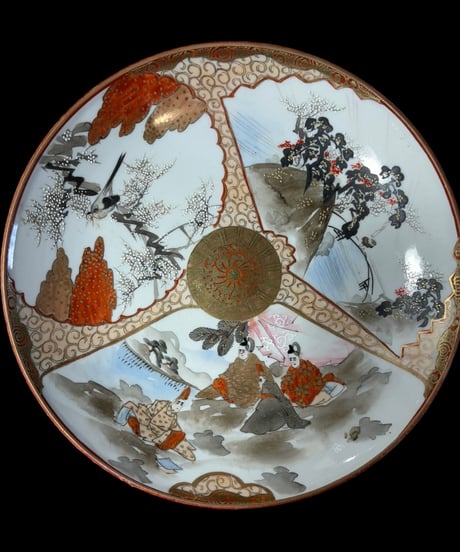 【希少!!】九谷造 色絵 金彩 [松竹梅鳥文風景窓絵 粉彩人物絵] 大皿 平皿 取り皿 盛り皿 飾り皿 久谷 古久谷 和食器 骨董品 アンティーク