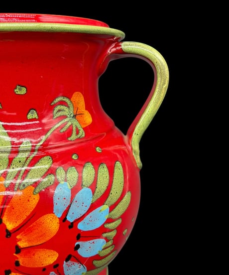イタリア製 手描き 花柄 花瓶 レッド フラワーベース 花入れ 花器 陶器 インテリア 骨董品 アンティーク