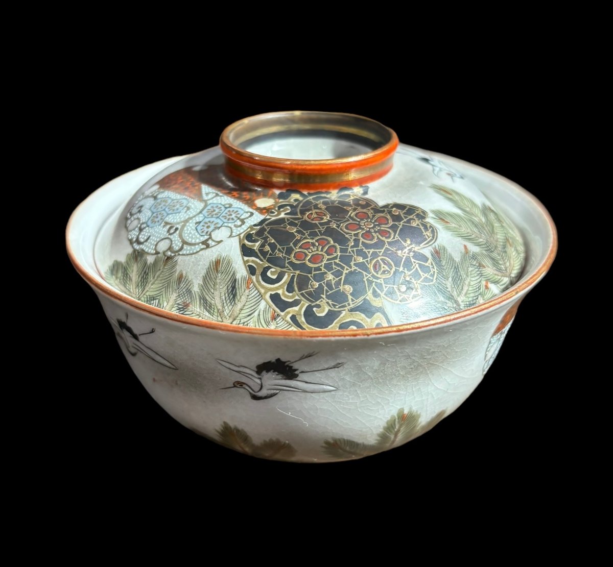 九谷焼 骨董 蓋付き椀 九谷焼 色絵 金彩 蓋付き お椀 [鶴草紋柄] 九谷 谷口 丼 蓋付き