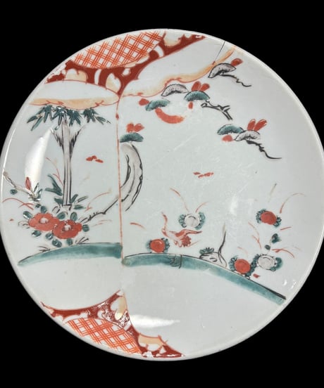 赤絵 [鶴 草木花文] 伊万里 色絵 平皿 丸皿 取り皿 飾り皿 プレート 和食器 陶器 骨董品 アンティーク