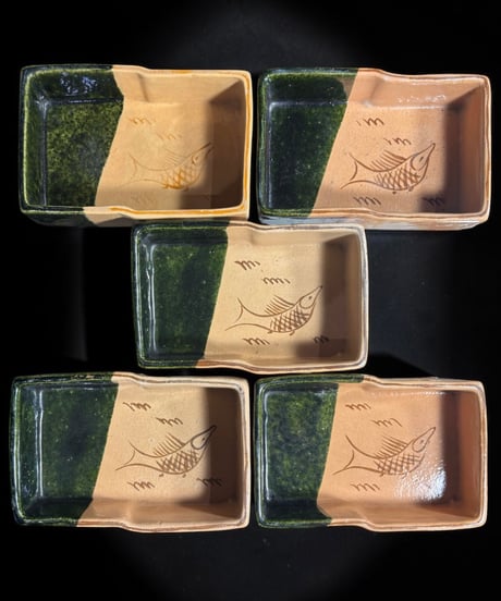 【5客セット】 織部焼 大樋 魚図 刺身鉢 角鉢 四角皿 角皿 茶道具 織部 和食器 骨董品 アンティーク