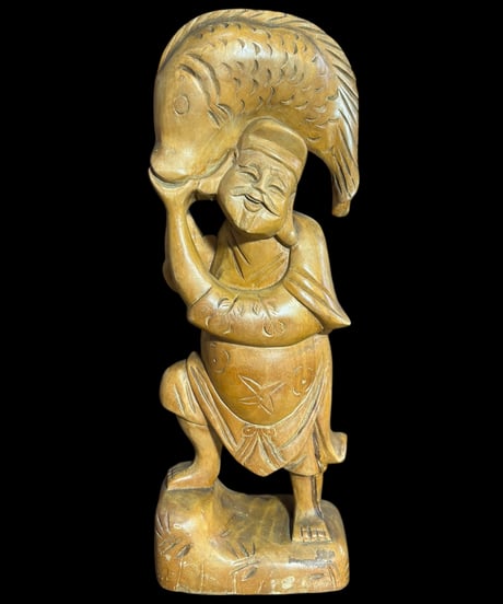 木彫り 恵比寿 七福神 木製 恵比寿様 商売繁盛 開運 縁起物 彫刻 仏像 古美術 インテリア 置物 オブジェ 骨董品 アンティーク