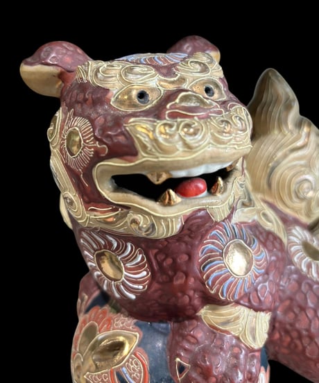 九谷焼 赤獅子 色絵 玉獅子 玉乗り獅子 唐獅子 置物 美術品 縁起物 オブジェ 陶磁器 陶器 骨董品 アンティーク