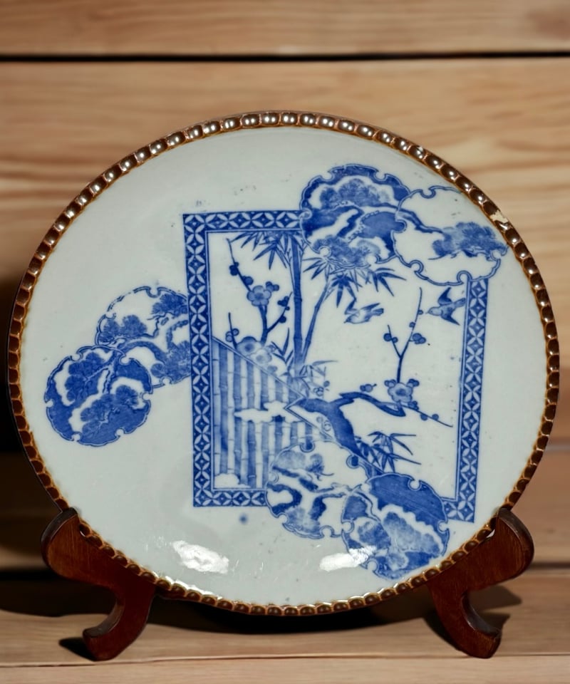 印判大皿 (梅・松・ホトトギス) 染付 飾り皿 盛り皿 いげ皿 陶器 骨董