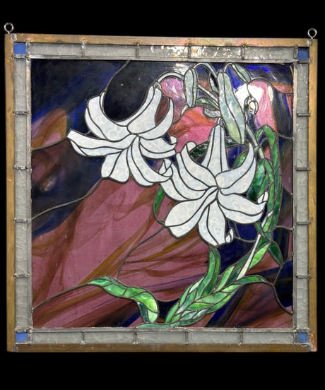 ステンドグラス 百合の花 アート ガラス 百合 花 四角 パネル 装飾品 インテリア 骨董品 アンティーク ヴィンテージ