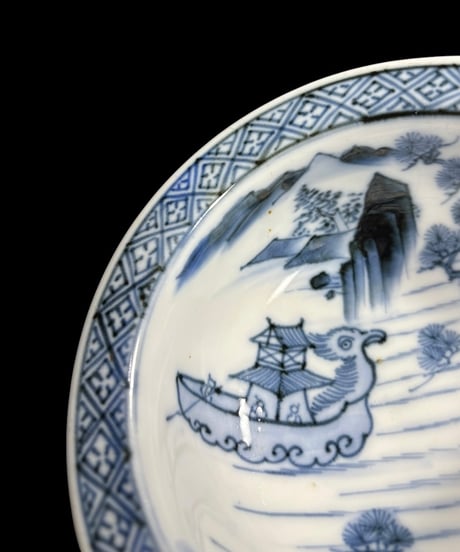 明治期 古伊万里 染付 盃洗 山水遊覧絵図 高台 高足鉢 プランター レトロ 陶器 骨董品 アンティーク
