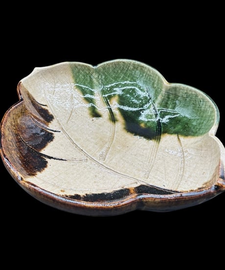 加藤光右衛門 織部 葉形 鉢 作家物 美濃 織部焼 共箱 大鉢 大皿 盛り皿 飾り皿 和食器 骨董品 アンティーク