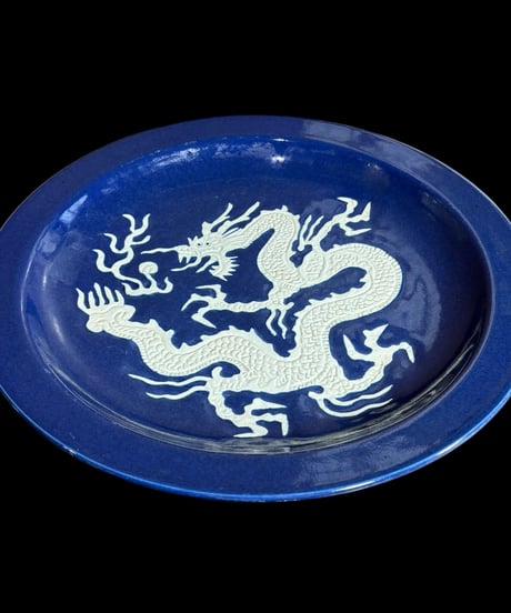 時代物 瑠璃釉 中国陶磁器 大皿 [龍] 丸皿 縁起物 ドラゴン 中国美術 盛り皿 飾り皿 古美術 骨董品 アンティーク