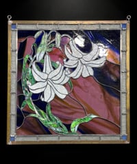 ステンドグラス 百合の花 アート ガラス 百合 花 四角 パネル 装飾品 インテリア 骨董品 アンティーク ヴィンテージ