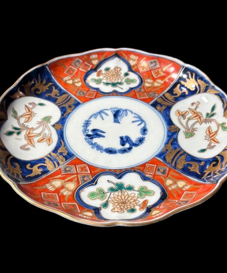 明治時代 古伊万里 輪花 赤絵 菊草花文図 松竹梅 大皿 冨貴長春 取り皿 飾り皿 和食器 陶器 骨董品 アンティーク