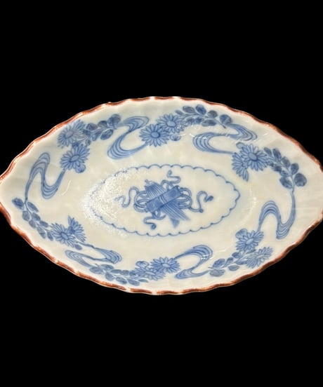 【2客セット】染付 小皿 [菊 流水紋] 楕円 小鉢 和食器 洋食器 陶器 骨董品 アンティーク